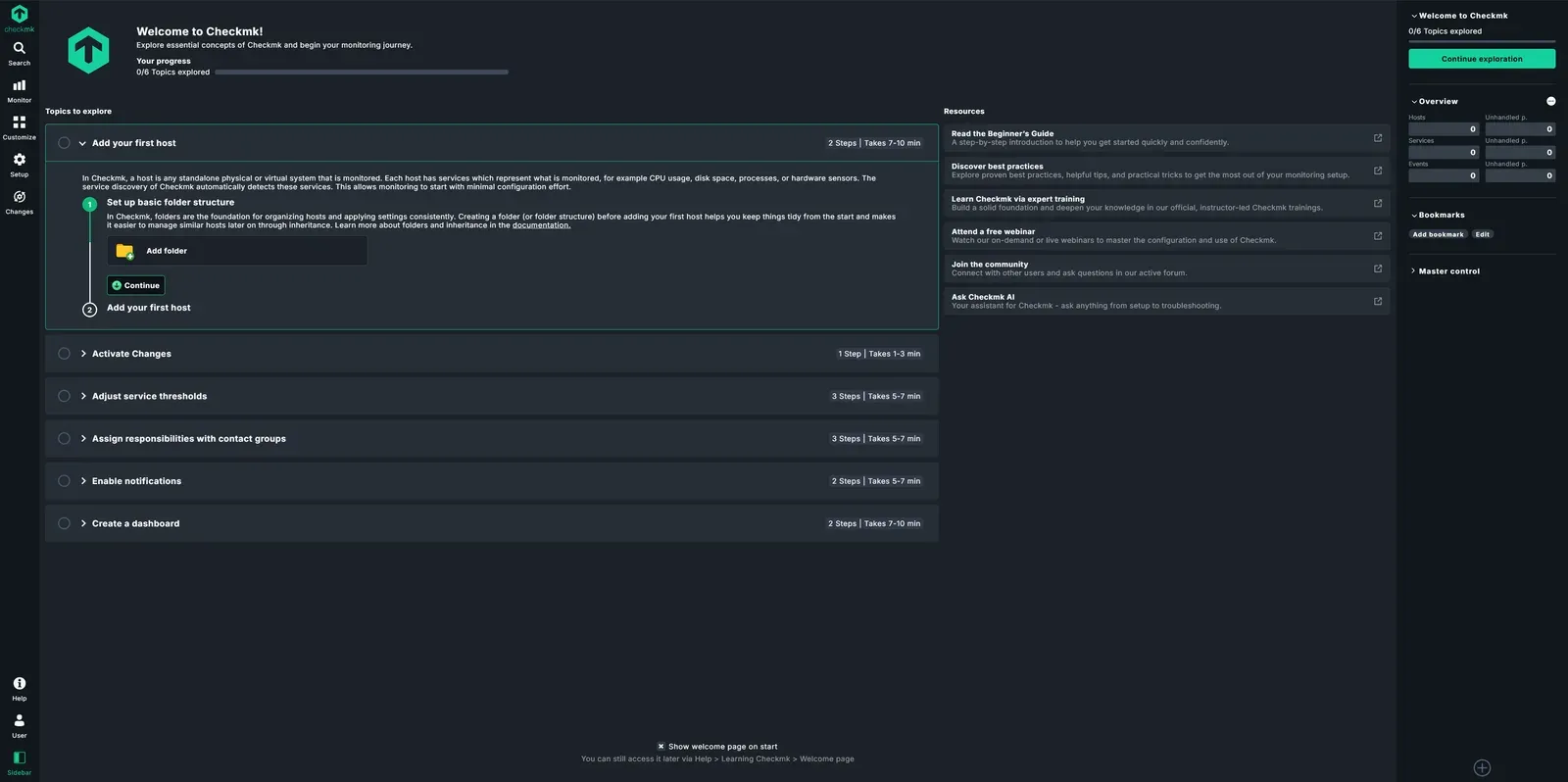 Checkmk-Dashboard nach der Anmeldung