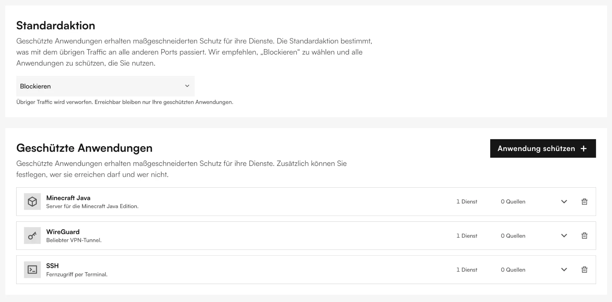 Standardaktion Blockieren und die geschützten Anwendungen Minecraft Java, WireGuard und SSH in der Cloud-Konsole