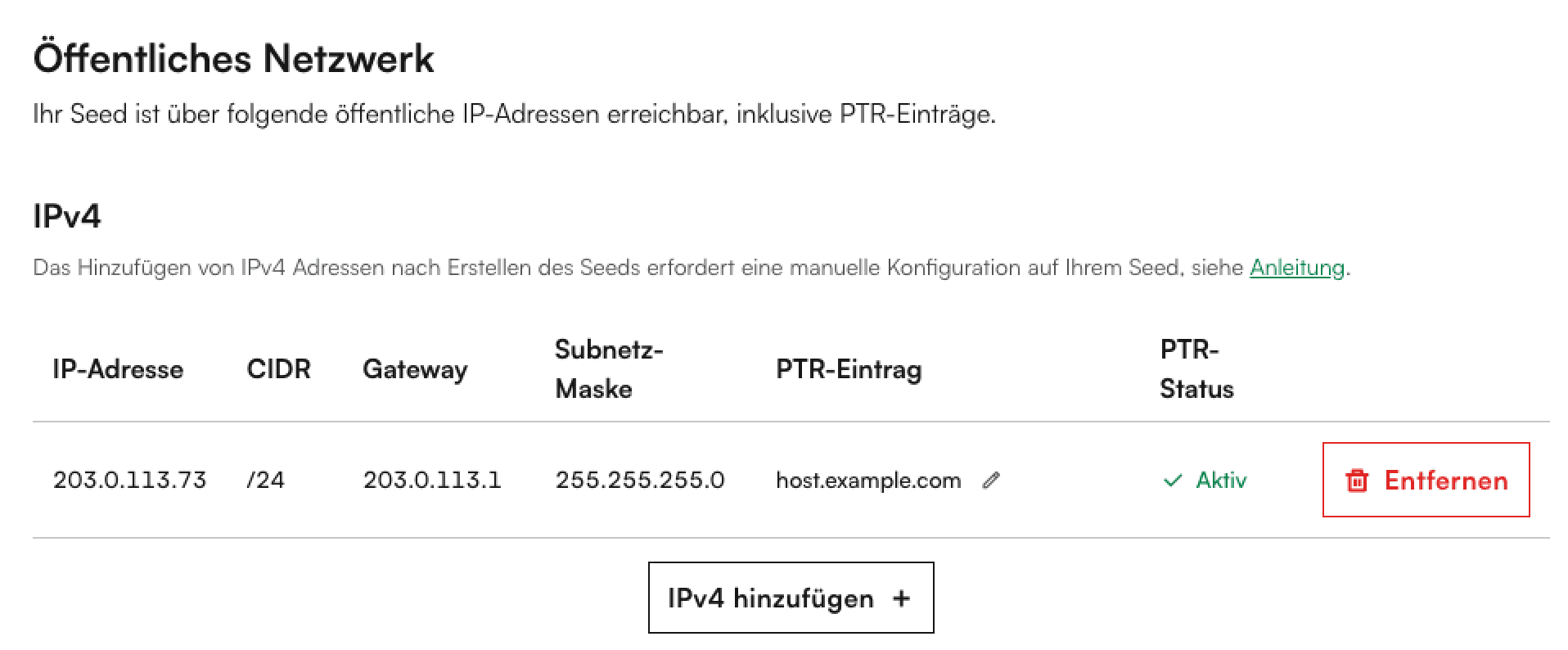 Öffentliches Netzwerk mit der IPv4-Tabelle im Netzwerk-Tab des Seeds