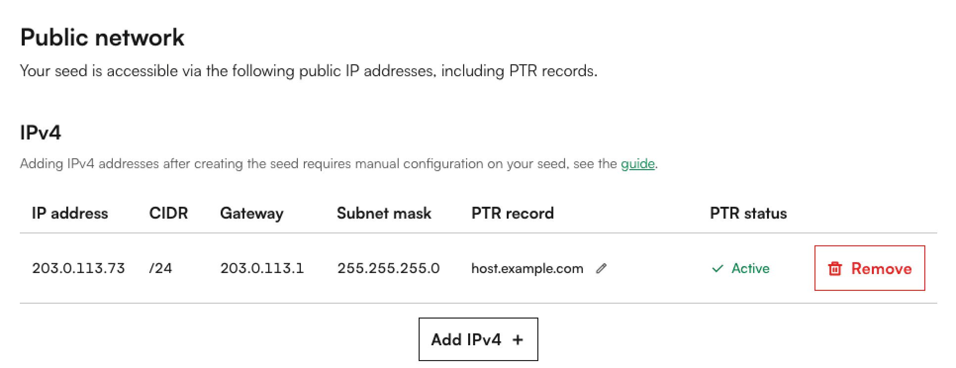 Public Network with the IPv4 table in the seed's network tab