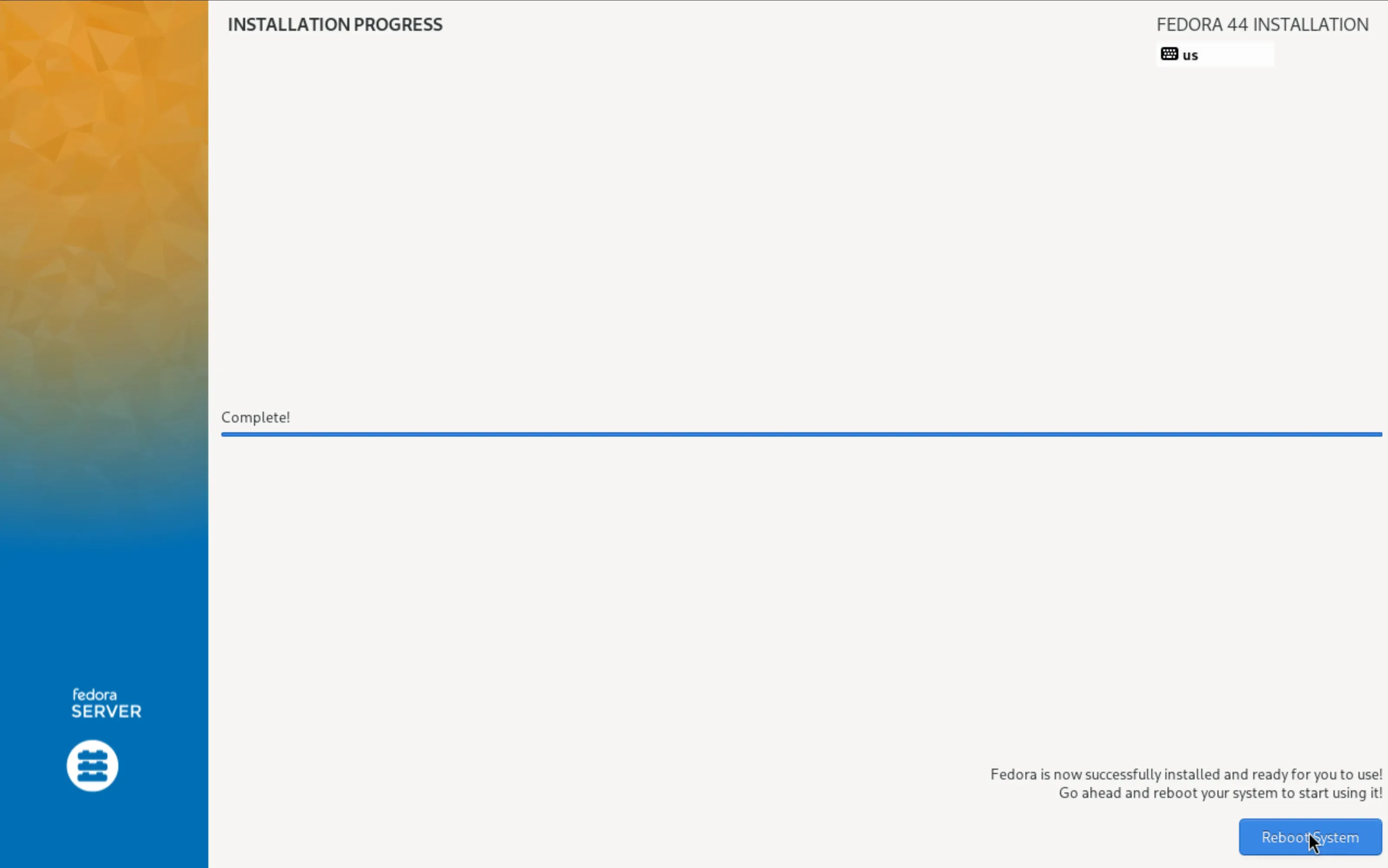 Die Installation ist abgeschlossen und bietet Reboot System an