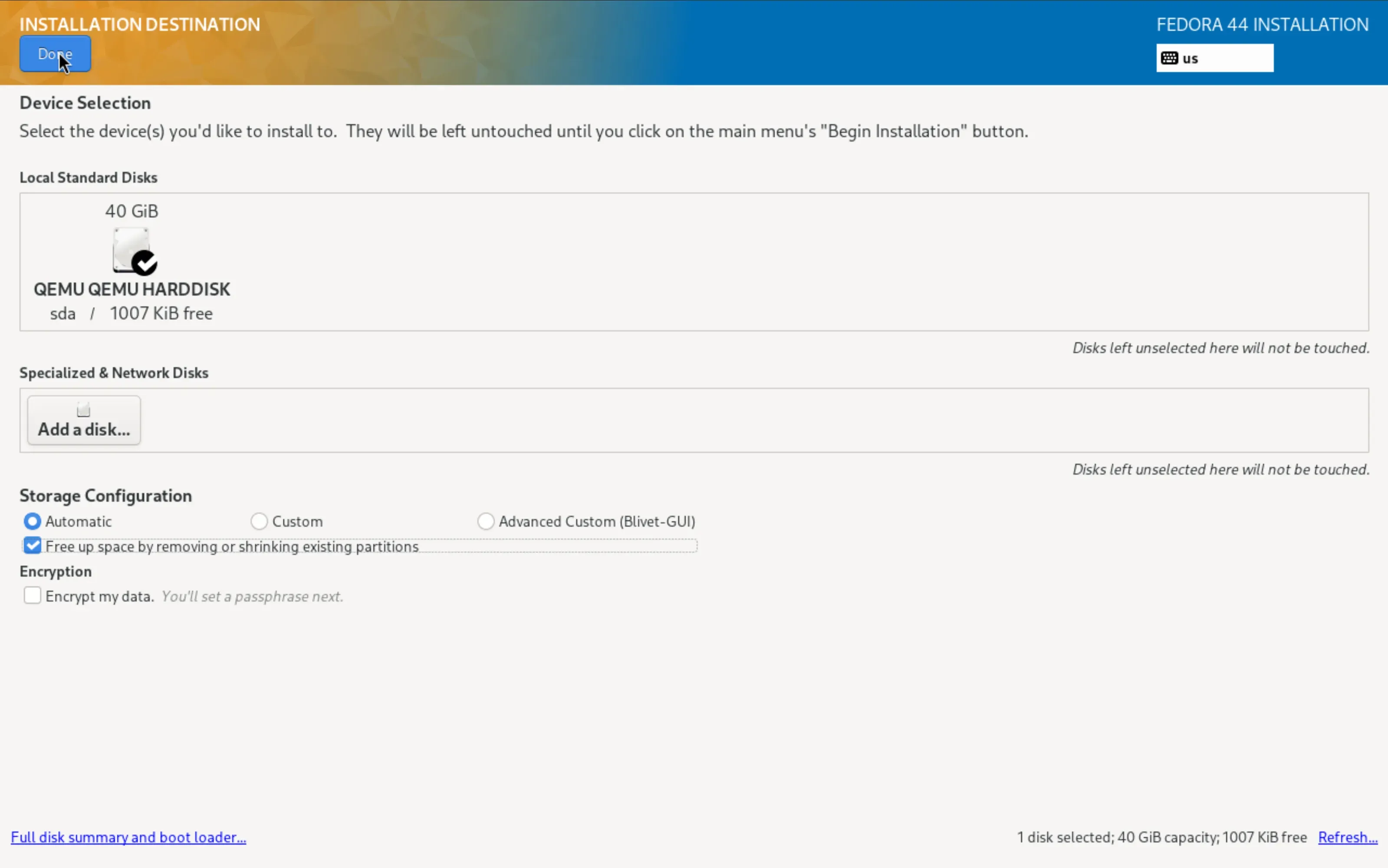 Installation Destination mit gesetztem Haken Free up space