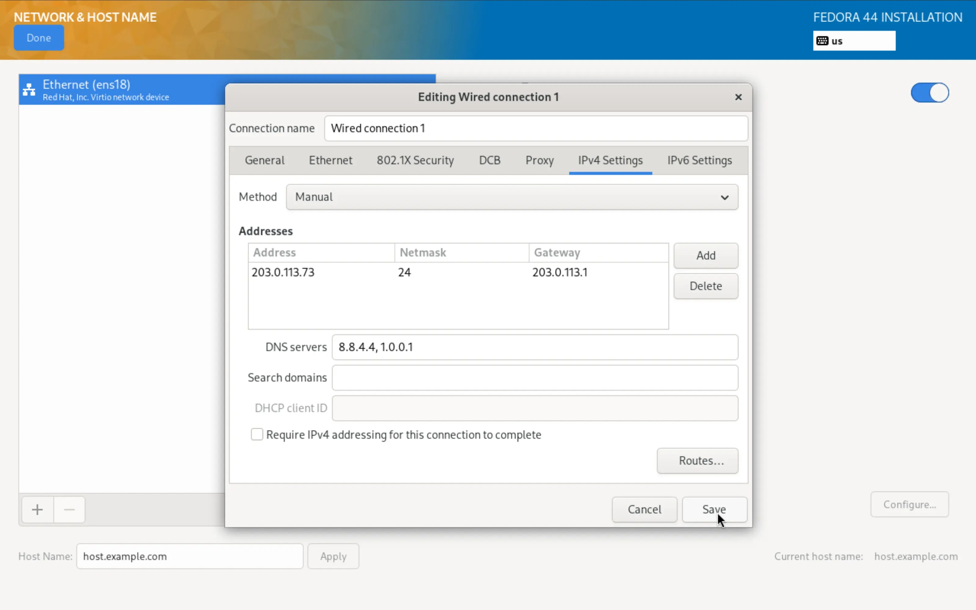 IPv4 Settings mit Method Manual und den Werten aus dem Netzwerk-Tab