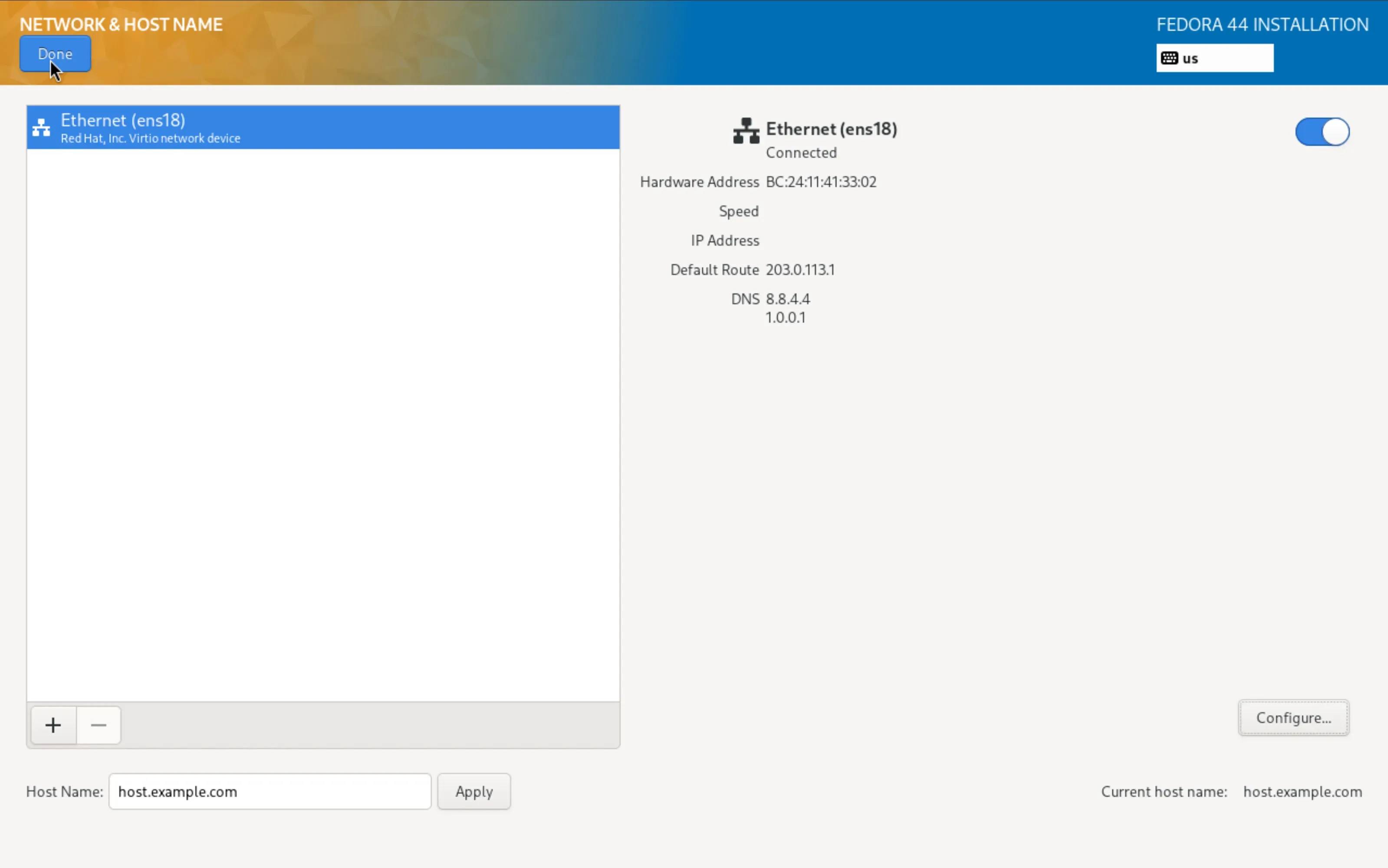 Nach dem Save meldet Anaconda Connected mit Route und DNS
