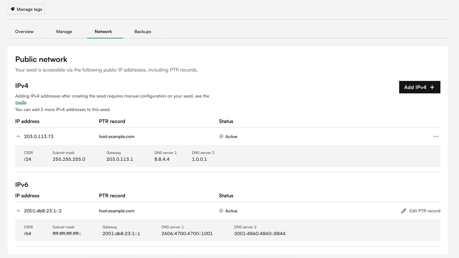 Expanded IP rows in the Network tab with gateway and DNS servers