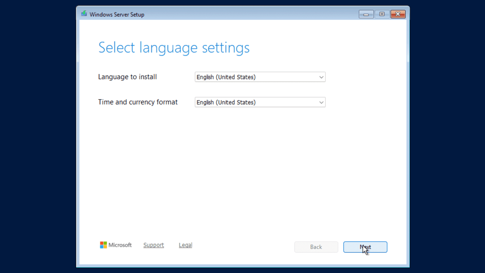 Sprachauswahl im Windows-Server-Setup