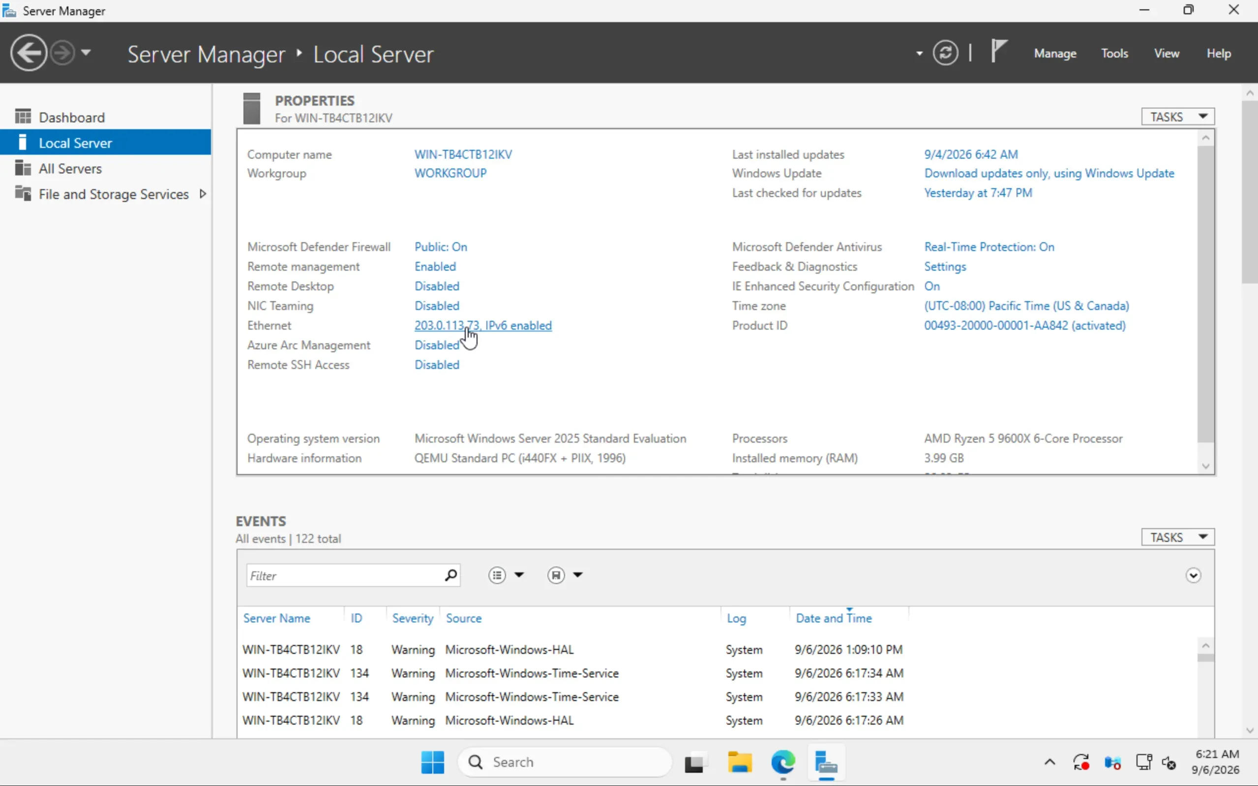 Der Server-Manager zeigt jetzt die statische Adresse