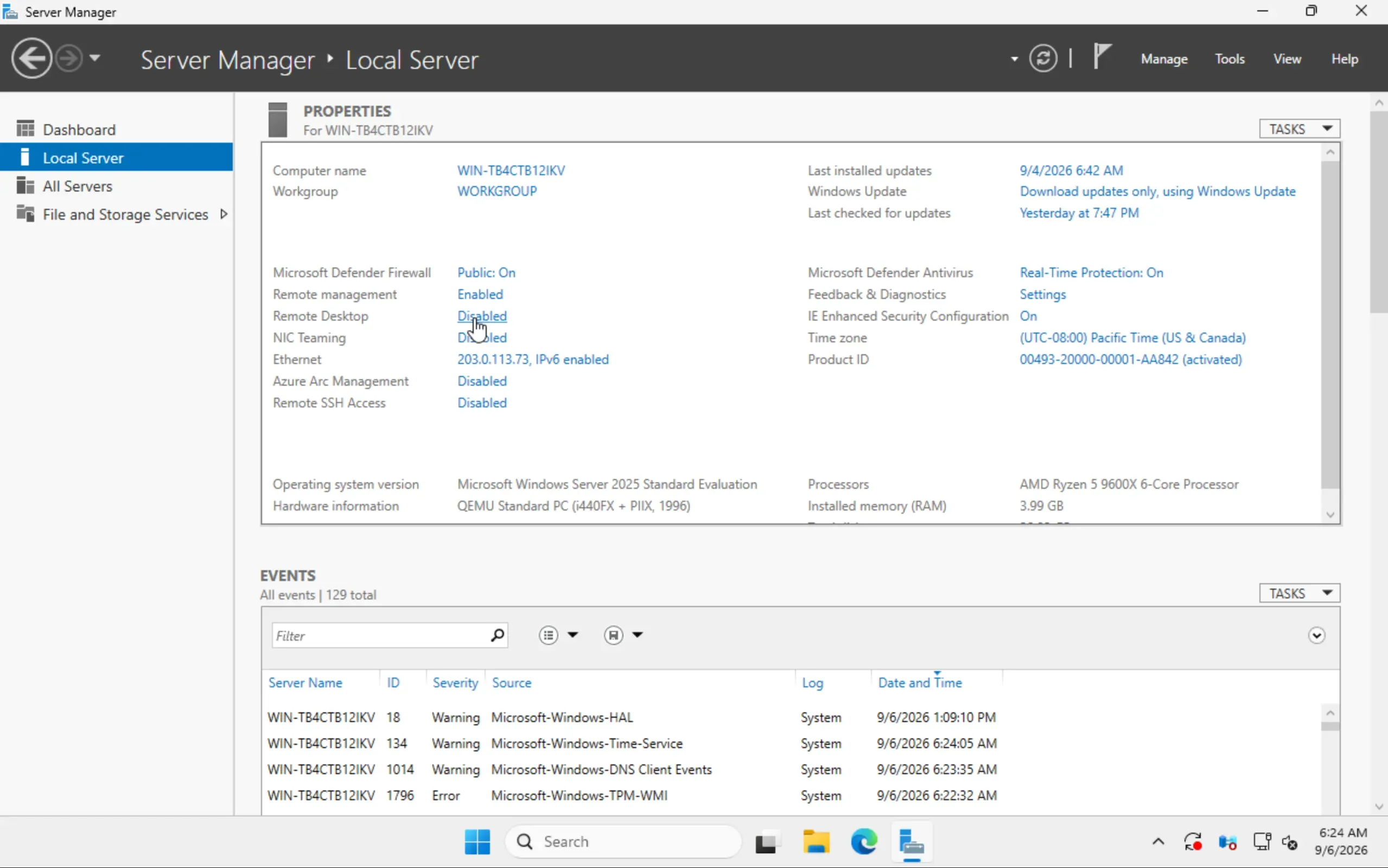 Der Server-Manager zeigt Remotedesktop als deaktiviert