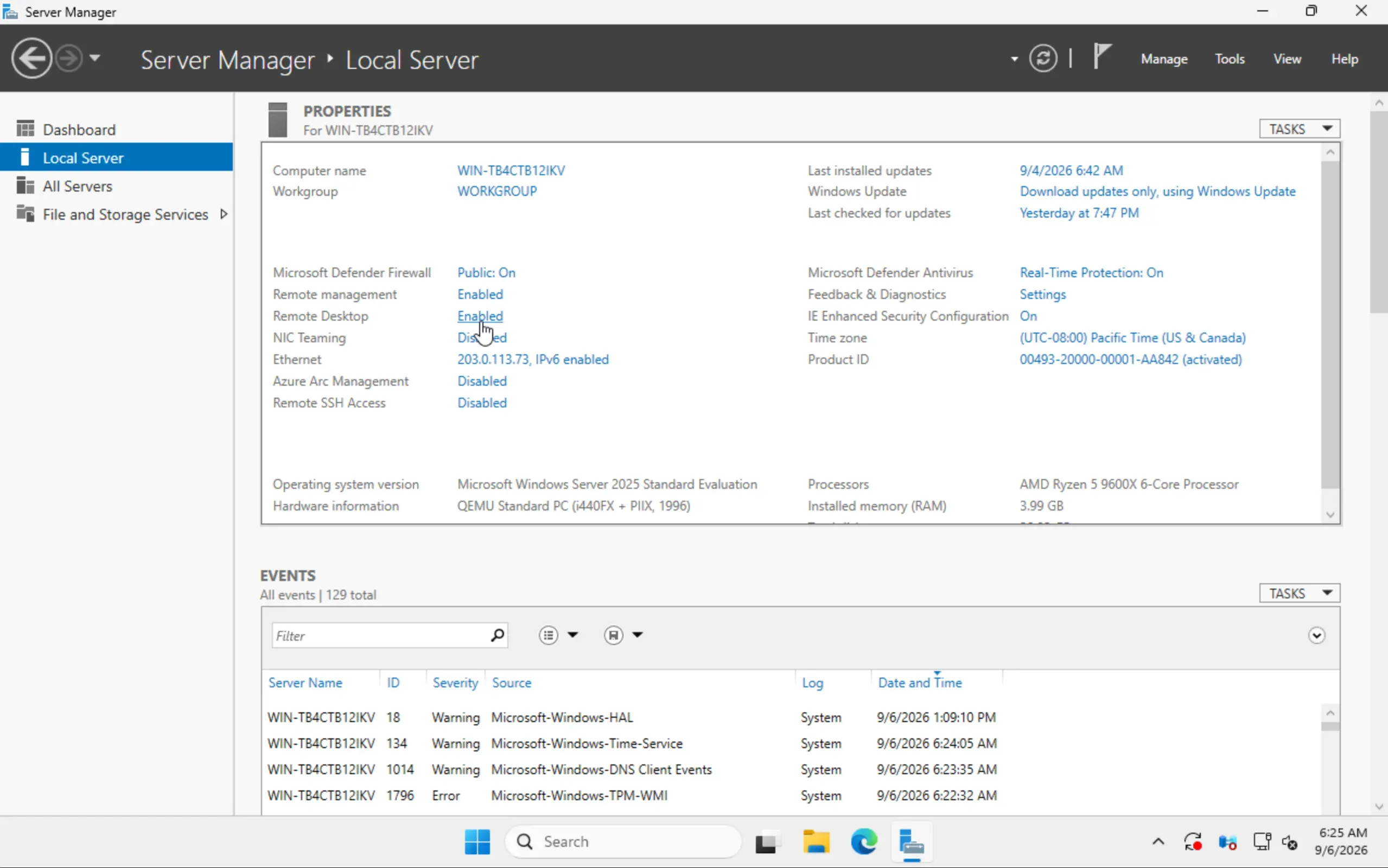 Der Server-Manager zeigt Remotedesktop als aktiviert