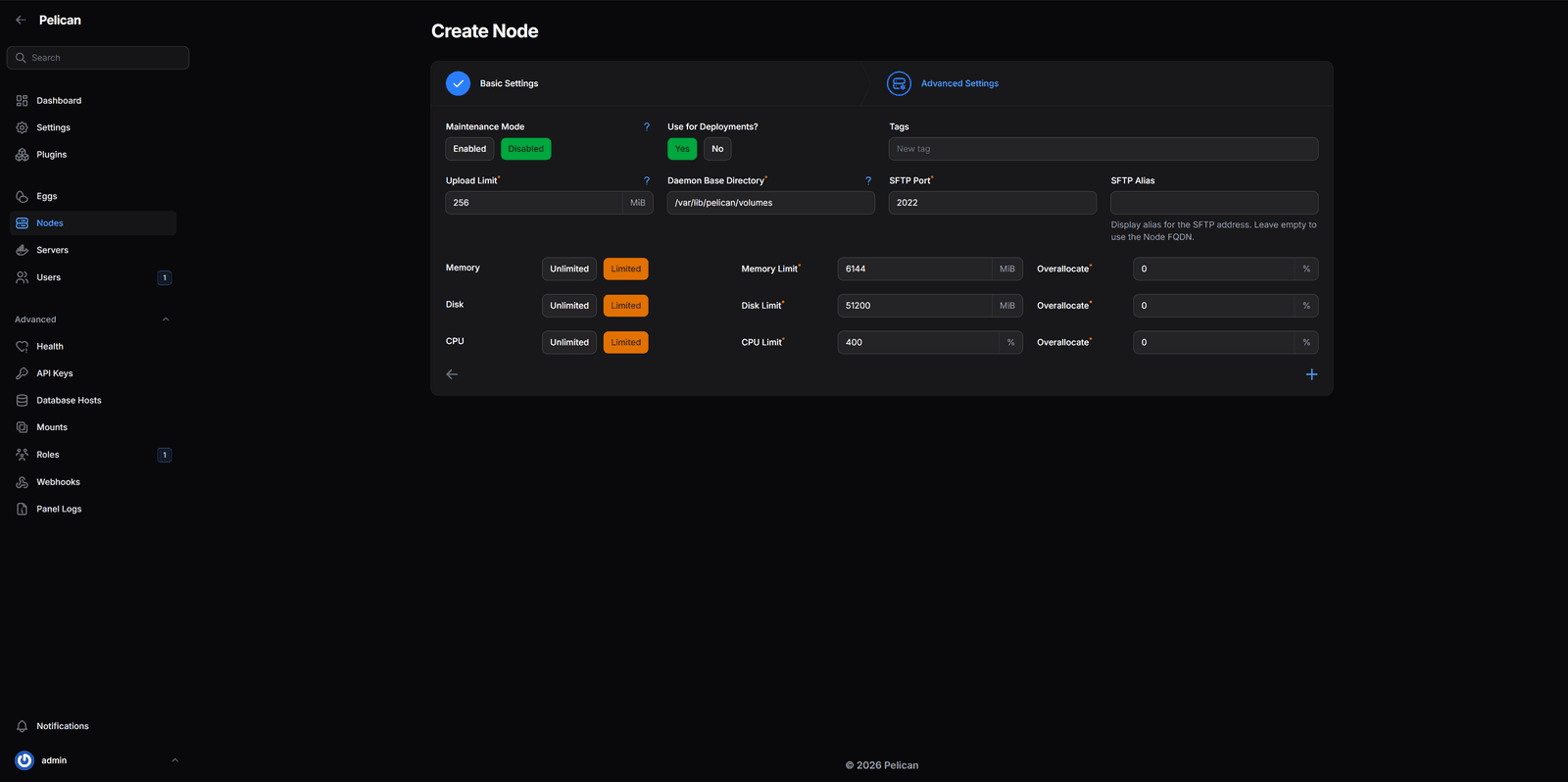 Pelican Panel: Node-Ressourcen für RAM, Disk und CPU