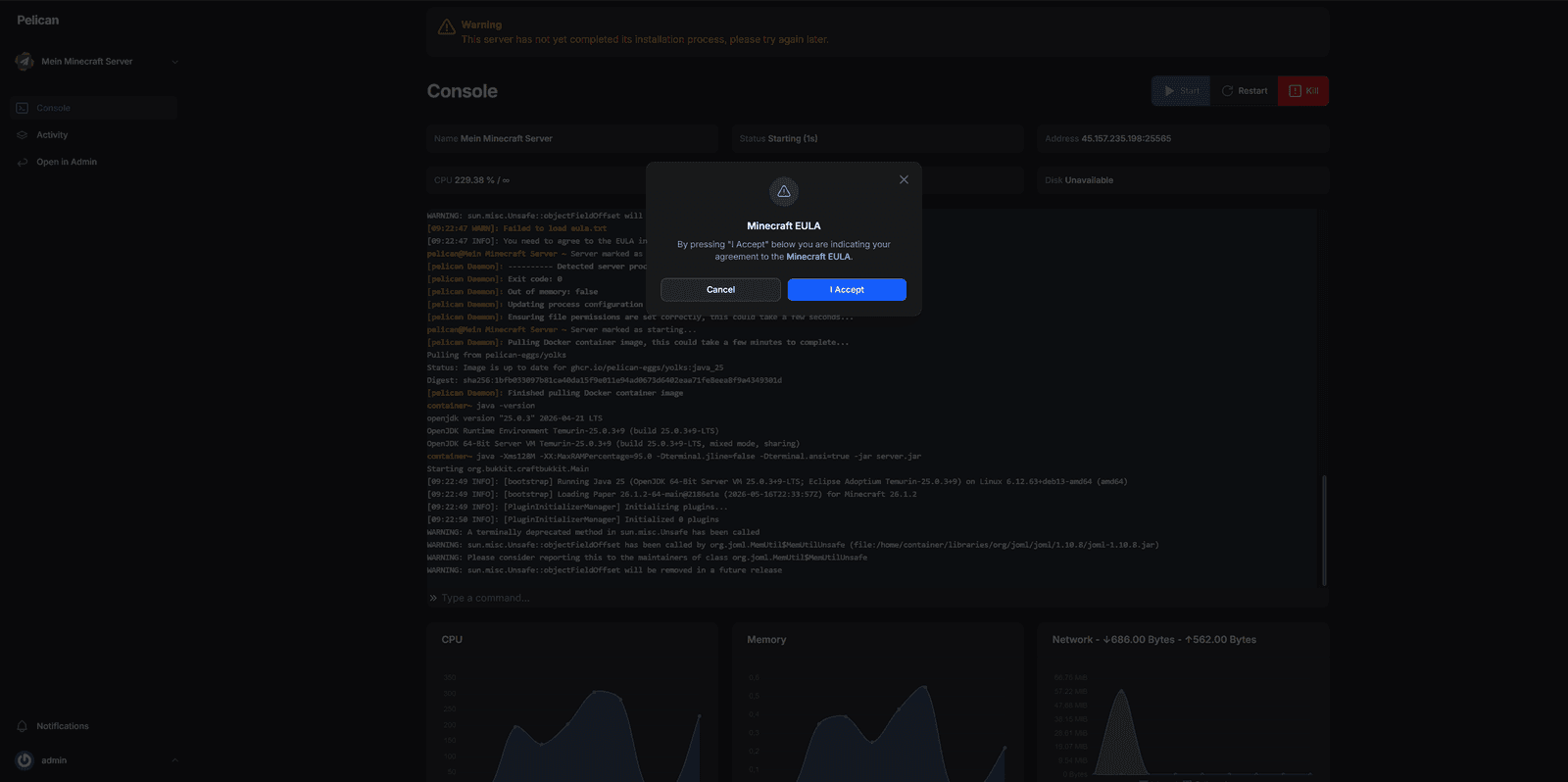 Pelican Panel: laufender Minecraft-Server in der Konsole mit EULA-Prompt