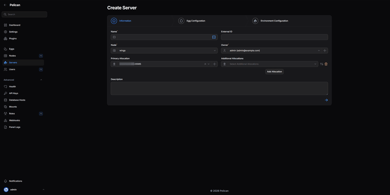 Pelican Panel: Server-Erstellung mit Node, Allocation und Egg