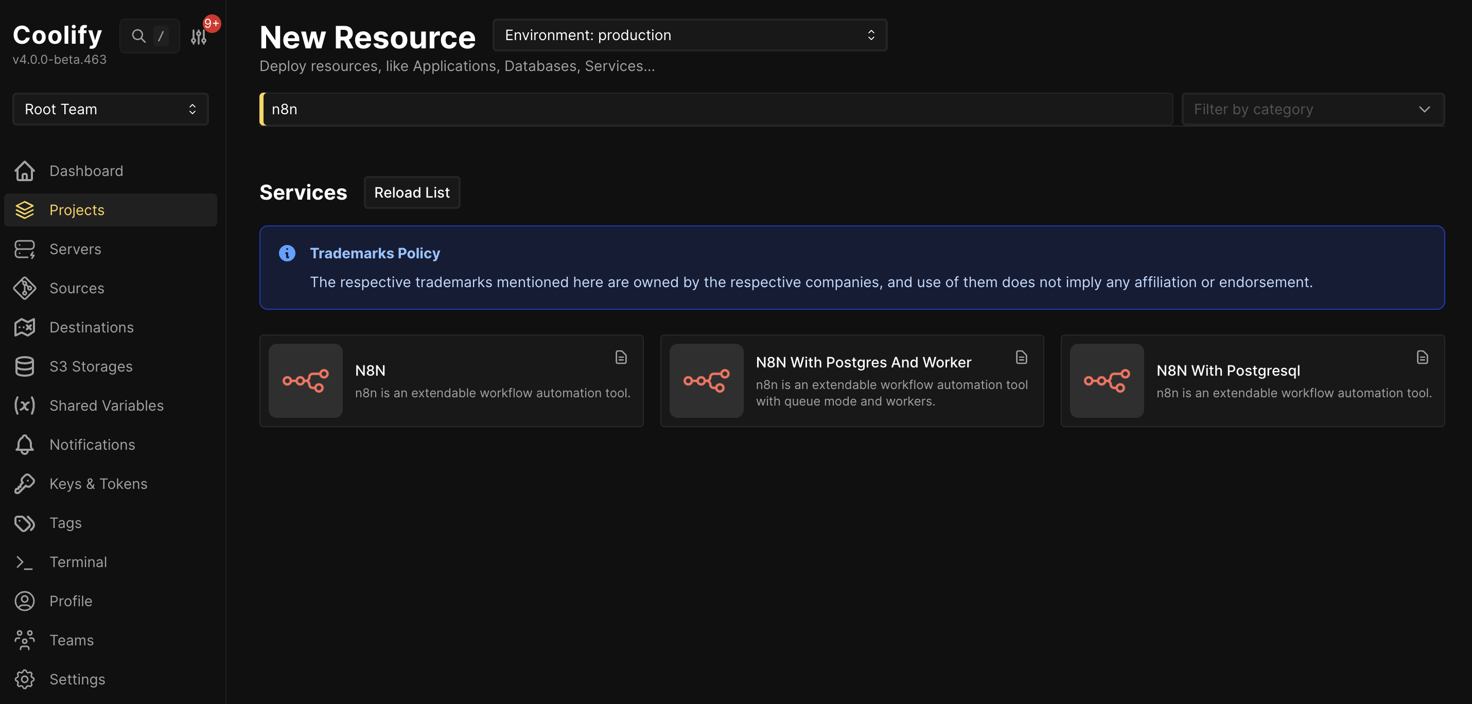 Coolify Select n8n Service