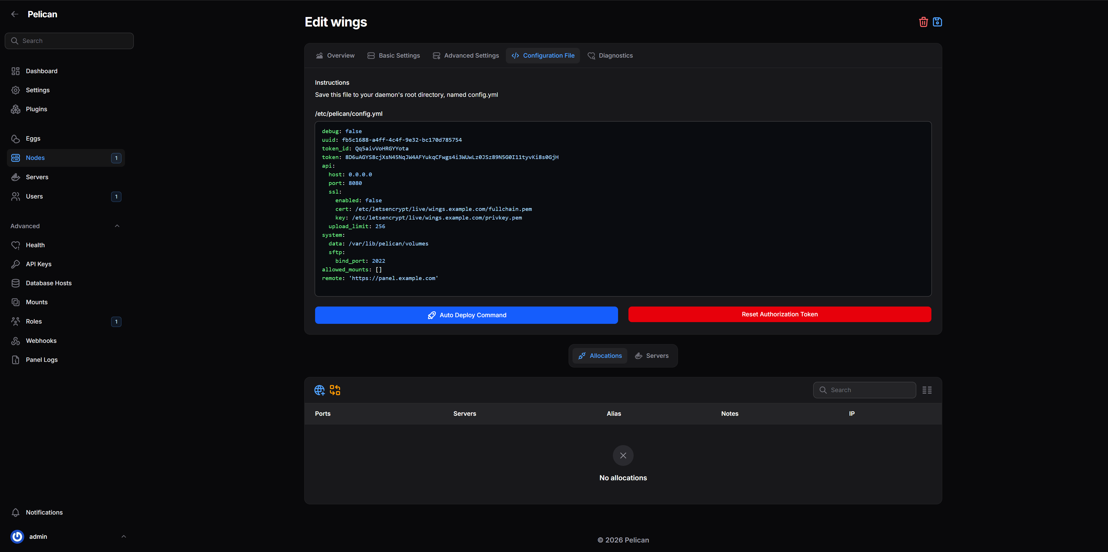 Pelican panel: generated Wings configuration file