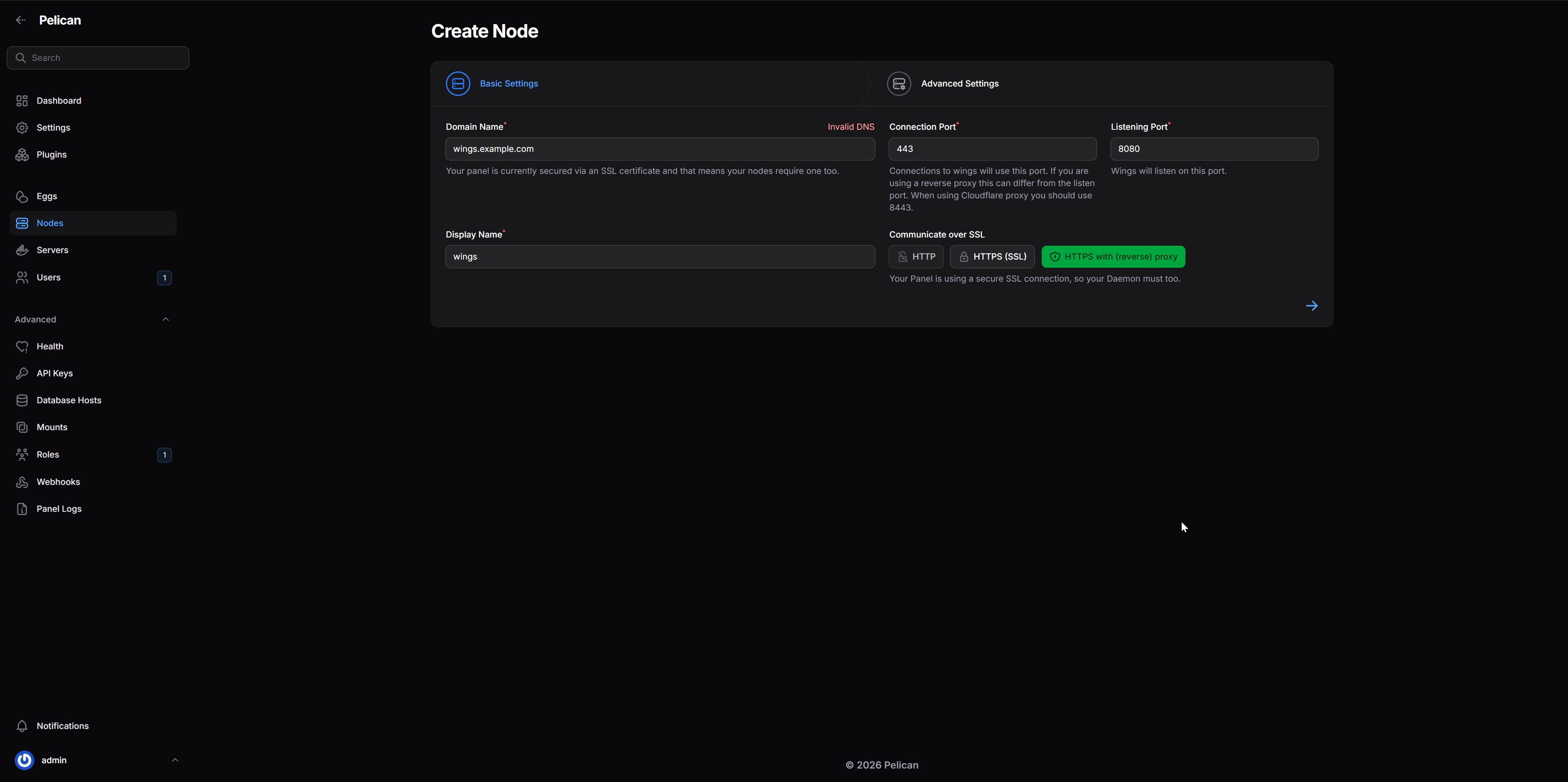 Pelican panel: create node, domain and SSL mode