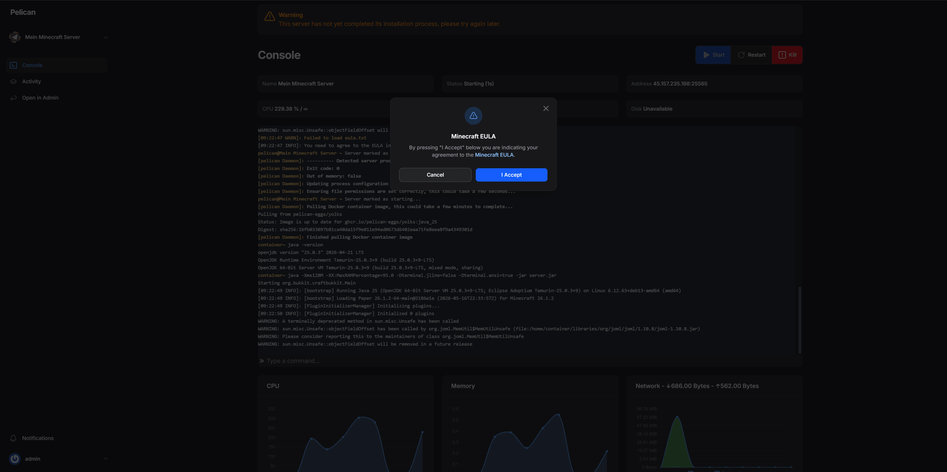 Pelican panel: running Minecraft server in the console with the EULA prompt