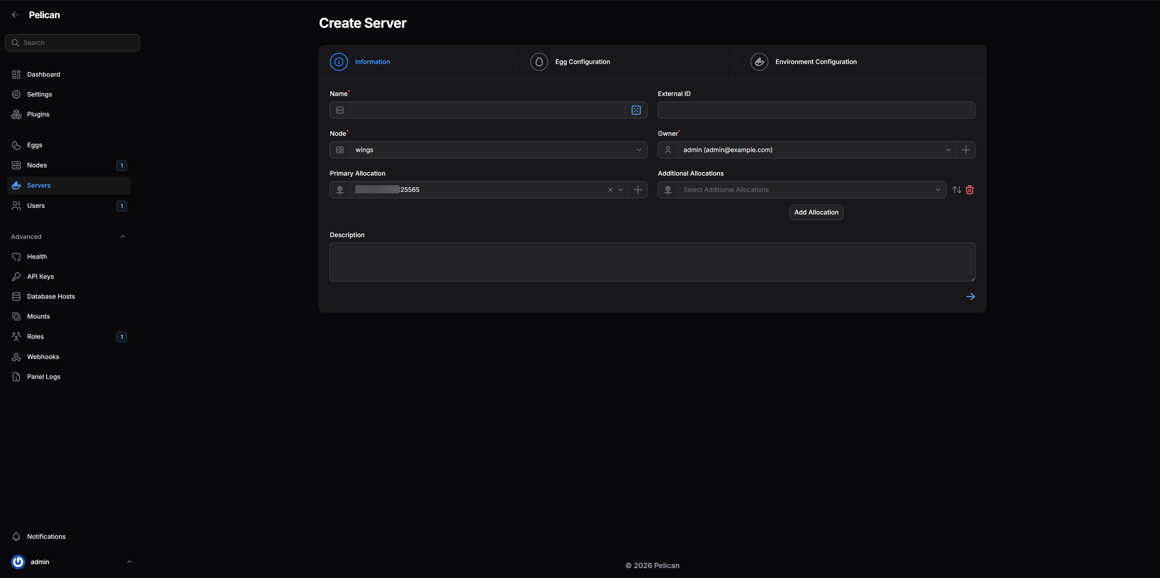 Pelican panel: create server with node, allocation and egg